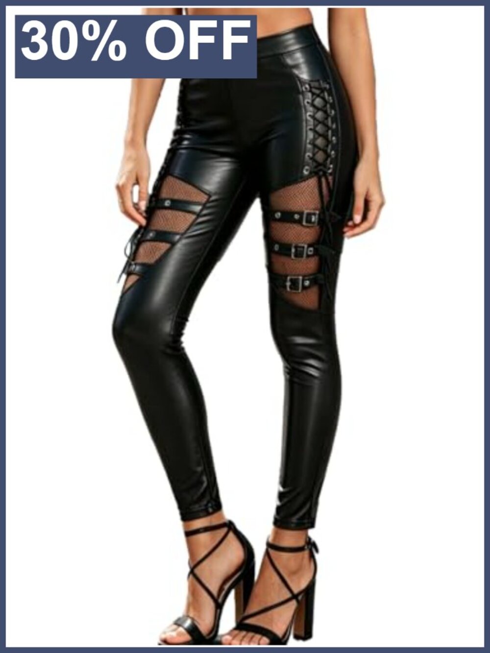 Faux Leather High Waisted Skinny Pants Gothic Punk Mesh Buckle Straps